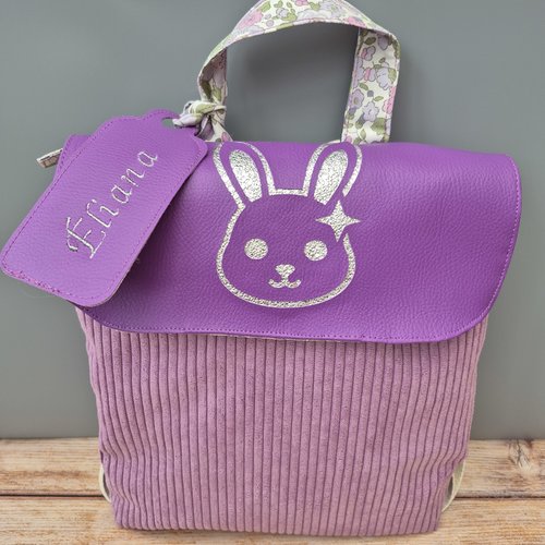 Sac à dos enfant personnalisé lapin – sac maternelle fait main haut de gamme en velours côtelé – cadeau unique