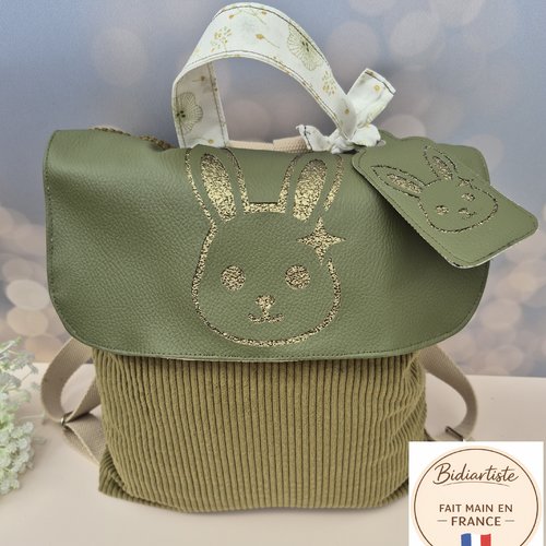 Sac à dos enfant personnalisé lapin - 1er cartable – sac maternelle fait main haut de gamme en velours côtelé – cadeau unique