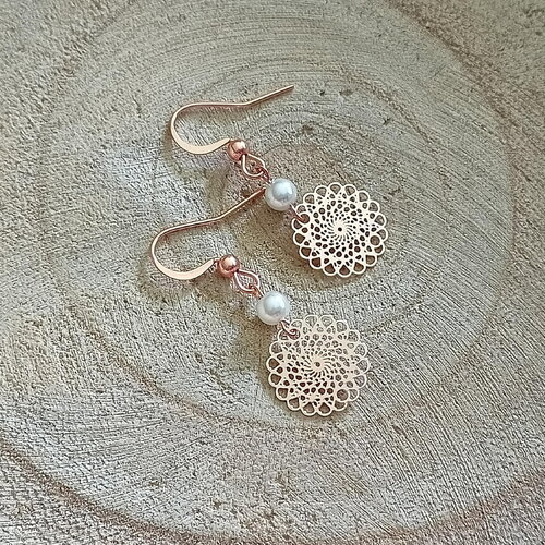 Boucles d'oreilles mariée-boucles mariage &quot; darling &quot; mandala blanc or rose - fin - personnalisable - réglable france