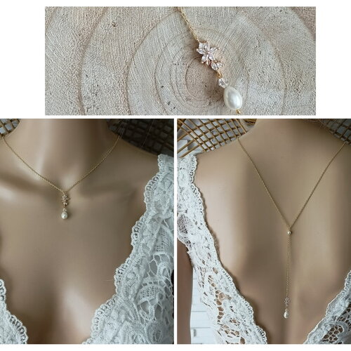 Collier de dos oxyde de zirconium collier dos nu acier inoxydable fleur cristal mariage fait main cadeau france