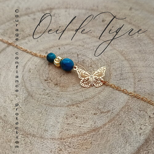Oeil de tigre bracelet bleu acier inoxydable pierres naturelles femme, bracelet pierre semi précieuse, bijou pierres,cadeau papillon