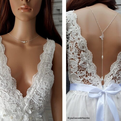 Collier de dos - colombe - acier inoxydable blanc argenté- bijou de dos nu décolleté - collier mariage - acier  - bridal lace jewelry -