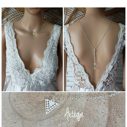 Collier de dos aztèque acier inoxydable argent triangle géométrique bijou de dos nu décolleté - bridal lace jewelry -fait main france
