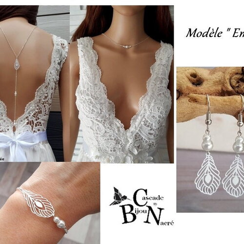 Parure bijoux-ensemble bijoux mariée-emmy-parure plume blanc argenté-bijou de dos boucles d'oreilles-bridal lace jewelry-bridal back necklac