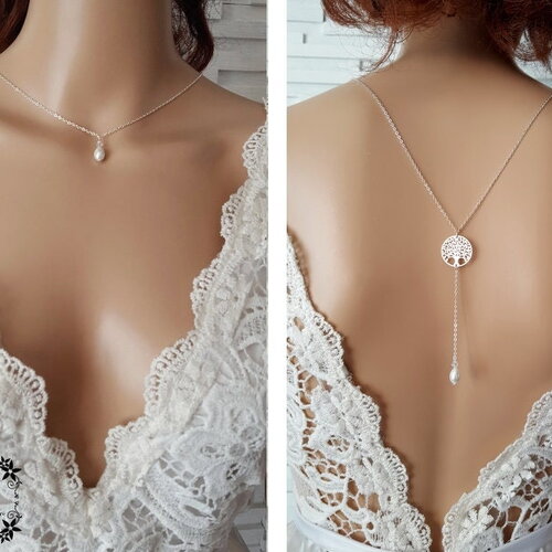 Collier de dos - arbre de vie - acier inoxydable bijou de dos nu décolleté - acier cristaux  - bridal lace jewelry - fait main france