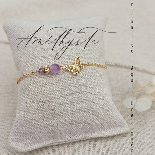Améthyste bracelet acier inoxydable , bracelet semi précieuse, bijoux pierres naturelles, cadeau amie femme cadeau anniversaire | papillon