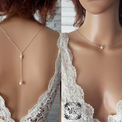 Collier mariage - etincelle - acier inoxydable collier de dos blanc ou ivoire argenté - collier dos nu mariage - bridal lace jewelry france