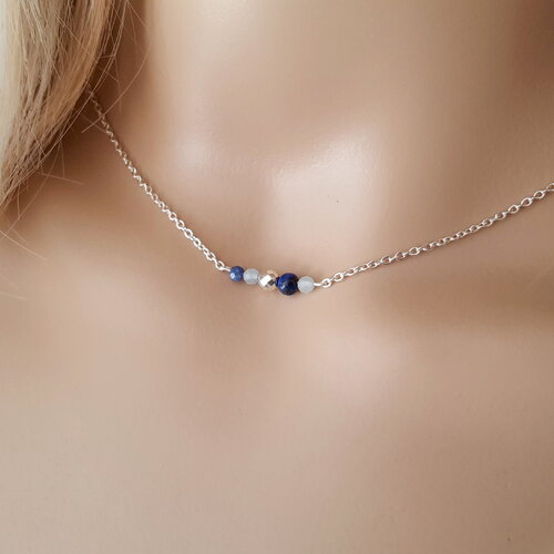 Collier pierres naturelles 925 - collier lapis-lazuli aigue marine hématite collier argent massif 925 chakra france cadeau femme fait main