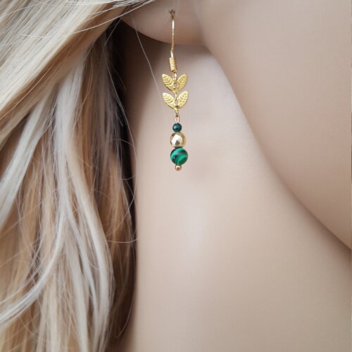 Boucles d'oreilles pierres fines or emeraude malachite hématite joie de vivre discrète femme féminine pierre naturelle semi précieuse france