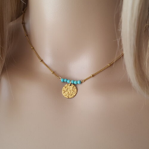 Collier turquoise pierres naturelles or rempli - collier médaille martelée gold-filled or chakra france cadeau femme fait main