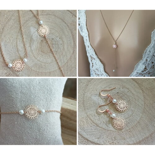 Parure bijoux or rose acier inoxydable - darling - ensemble de perle- blanc mariée chaine classique mandala rosace personnalisable - france®