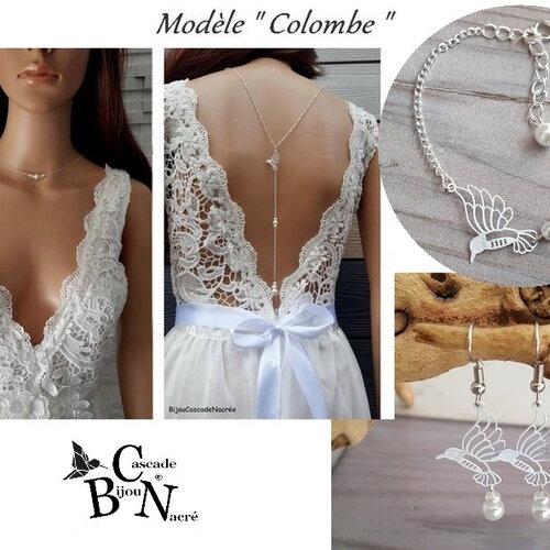 Parure bijoux mariage-ensemble bijoux-colombe-blanc argenté- bijou de dos décolleté-collier mariage- colibri - bridal lace jewelry-necklace
