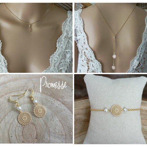 Parure bijoux mariage - bohème - ensemble de perles- blanc mariée boho promesse chaine classique or mandala rosace personnalisable - france®