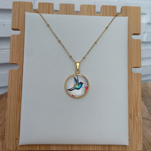 Collier colibri acier inoxydable or doré cabochon image oiseau cadeau pour femme bijou colibri fait main pendentif inox personnalisé france