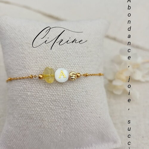 Bracelet citrine | nacre personnalisé | lettre initiale coquille | pierre naturelle acier inox | bracelet femme pierre | bracelet prénom