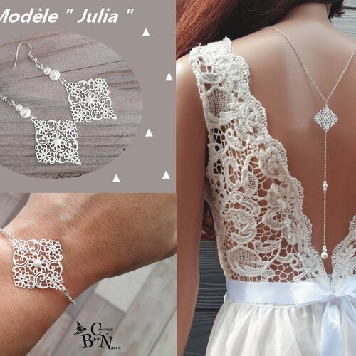 Parure bijoux mariage-ensemble bijoux-julia-parure blanche argenté- bijou de dos décolleté-losange baroque - bridal lace jewelry-necklace