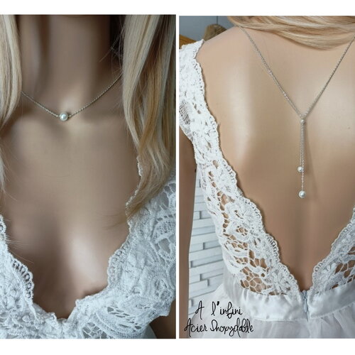 Collier mariage - a l'infini - acier inoxydable collier de dos blanc ou ivoire argenté - collier dos nu  - bridal back necklace