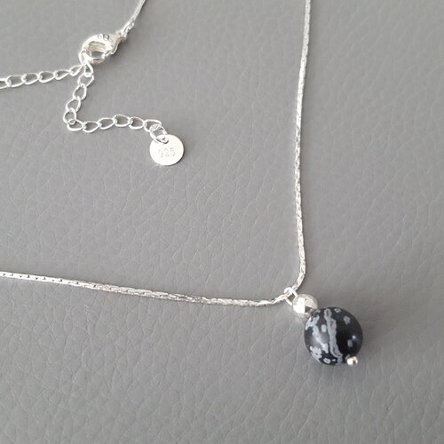 Collier obsidienne argent 925 femme - collier pierre noir et grise pierre fine naturelle collier fait main france cadeau gemme femme