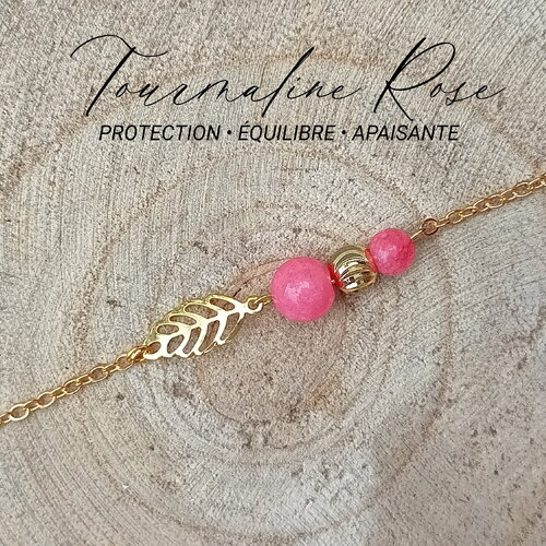 Bracelet feuille | bracelet pierre tourmaline pastèque femme | bracelet pierre précieuse | acier bijou inoxydable| cadeau amie anniversaire
