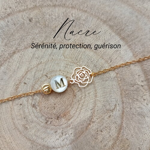 Bracelet nacre personnalisé | fleur rose | lettre initiale | pierre naturelle acier inoxydable | bracelet femme pierre | bracelet prénom