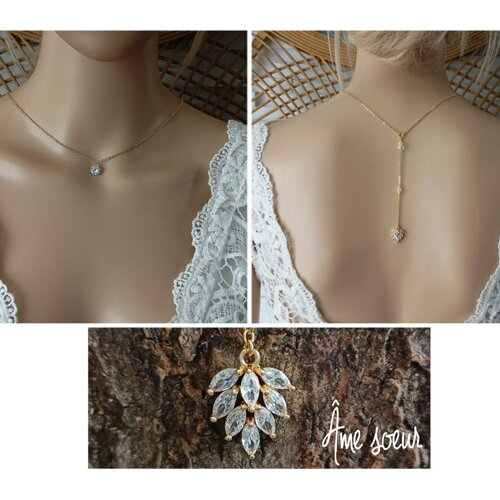 Collier dos oxyde de zirconium collier dos nu feuille navettes cristal mariage végétal plaqué or cadeau âme soeur gold filled france