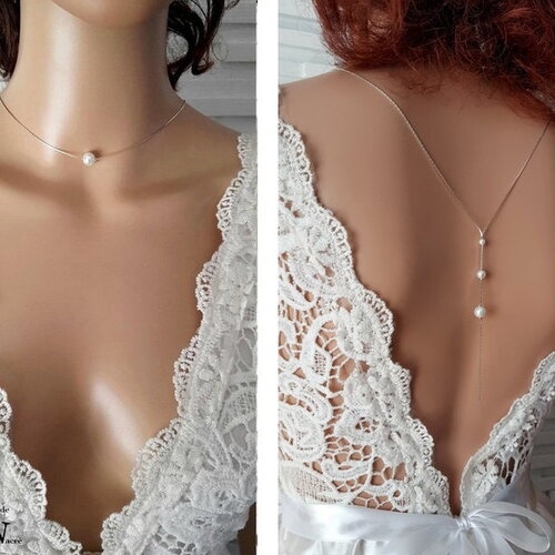 Collier dos - romance - acier inoxydable argent blanc-collier dos mariée -décolleté - collier dos nu - collier mariage collier femme france®