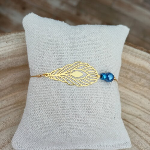 Bracelet mariage plume  - bracelet mariée perles nacrées bleues or - chaine - bracelet fin de poignet - réglable france