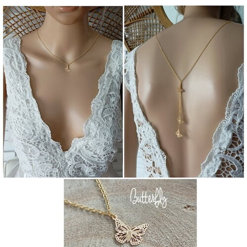 Collier de dos papillon doré acier inoxydable - bijou de dos nu décolleté - butterfly  - fait main bijou dos lasso france