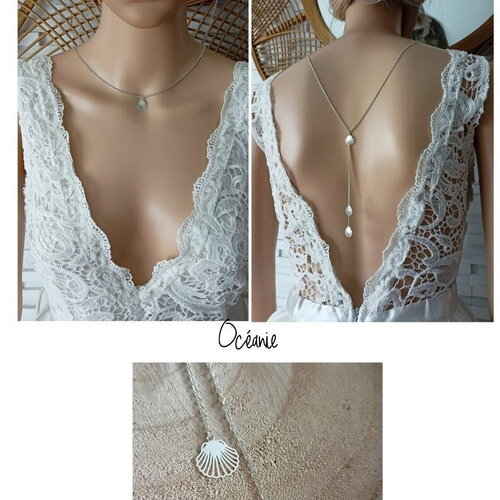 Collier coquillage collier de dos argent acier inoxydable bijou de dos nu décolleté - bridal lace jewelry - fait main france
