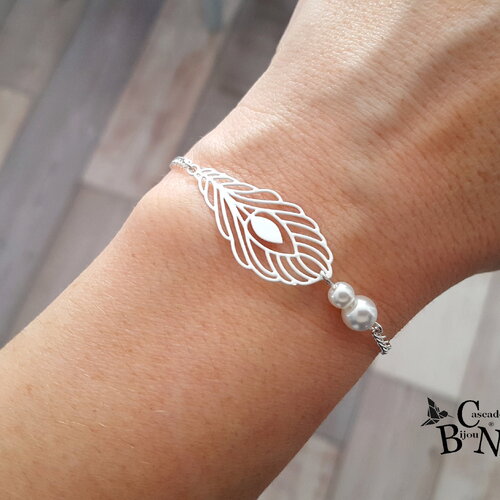 Bracelet mariage-bracelet mariée &quot; emmy&quot; plume de paon blanc argent - chaine - bracelet fin de poignet- colibri oiseau - réglable france
