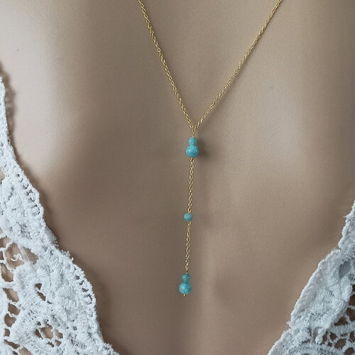 Collier aiguë marine acier inoxydable or - collier de dos pierres naturelles bleues fait main - collier dos nu pierre semi-précieuse