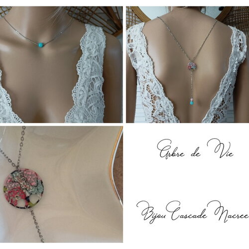 Collier de dos arbre de vie - acier inoxydable amazonite bijou de dos nu décolleté - acier cristaux  - bridal lace jewelry- fait main france