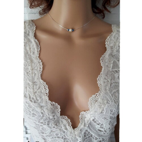Collier de perle bleue blanche intemporel- collier de perle femme collier mariage - chaine serpentine collier fin personnalisable