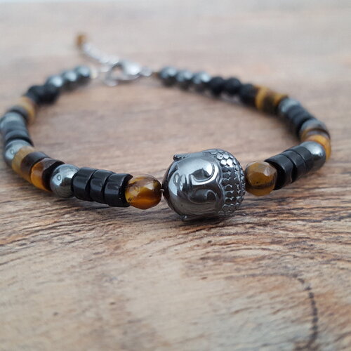 Bracelet pierre oeil de tigre hématite agate bijou bouddha yoga zen bracelet protection énergie lithothérapie semi-précieuse chakra france