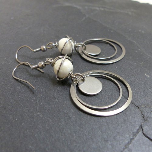 Boucles d'oreilles céramique blanche et acier inoxydable (bo56)