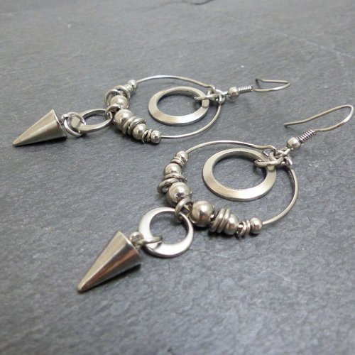 Boucles d'oreilles longues pendantes, pointe, cône, acier inoxydable