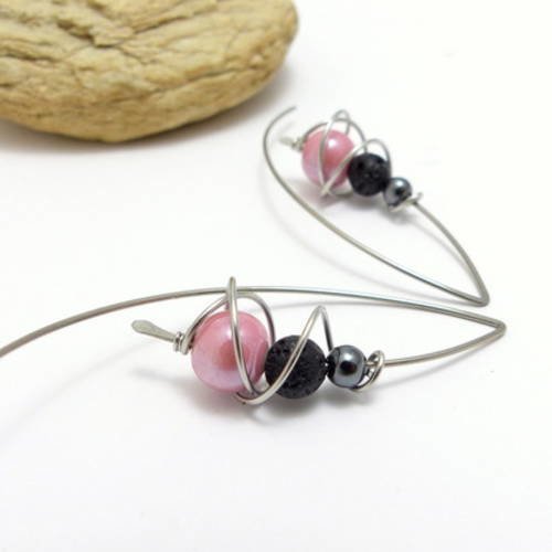 Boucles d'oreilles rose gris noir, céramique, hématite, lave et acier inoxydable (bo9)