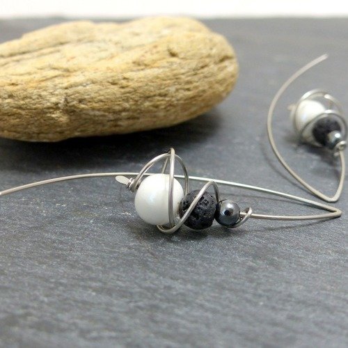 Boucles d'oreilles blanc gris noir, céramique, hématite, lave et acier inoxydable (bo9)
