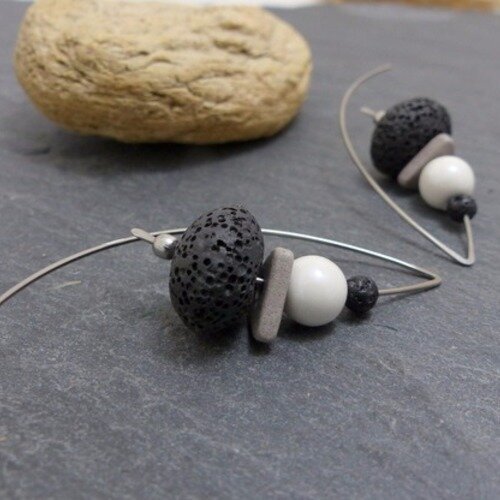 Boucles d'oreilles blanc gris noir, céramique, lave et acier inoxydable (bo5)