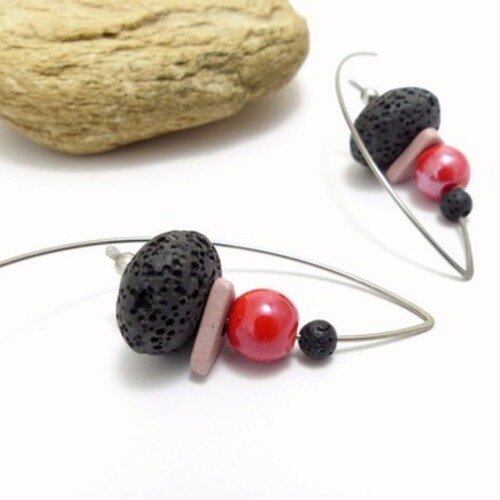 Boucles d'oreilles fuchsia rose noir, céramique, lave et acier inoxydable (bo5)