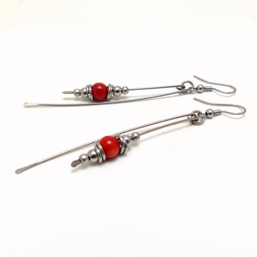 Boucles d'oreilles longues, corail rouge, acier inoxydable