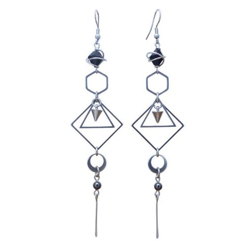 Boucles d'oreilles très longues, noir, géométriques, triangle, carré, verre facetté, hématite et acier chirurgical