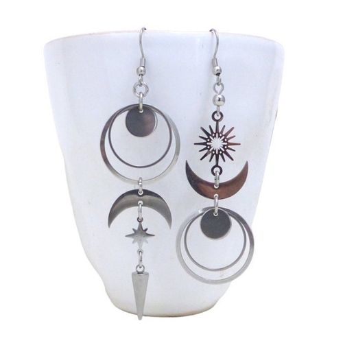 Boucles d'oreilles longues dépareillées asymétriques, croissant de lune, soleil, étoile, acier inoxydable