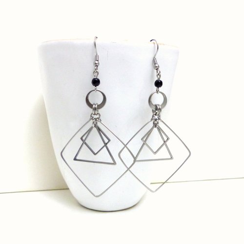 Boucles d'oreilles longues modernes contemporaines géométriques verre facetté et acier inoxydable