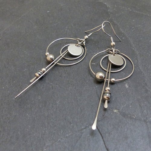 Boucles d'oreilles longues modernes hématite et acier inoxydable