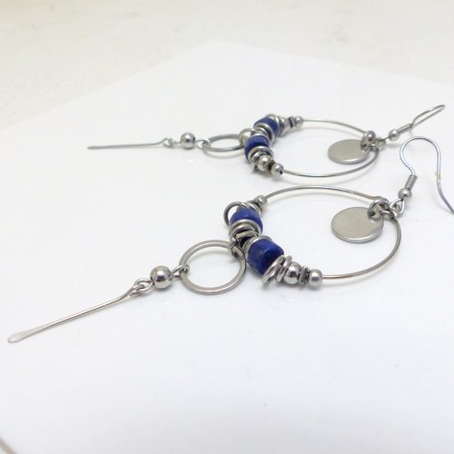 Boucles d'oreilles longues, pierres naturelles, lapis lazuli, acier inoxydable