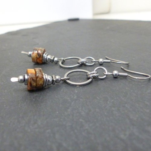Petites boucles d'oreilles pierres naturelles, jaspe impérial, marron, orange, ocre. acier inoxydable