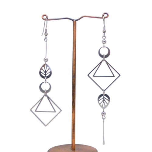 Boucles d'oreilles longues dépareillées géométriques, carré, triangle, feuilles, acier inoxydable