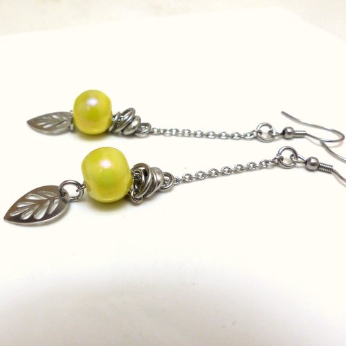Boucles d'oreilles longues, jaunes, chaînette, feuille, céramique et acier inoxydable