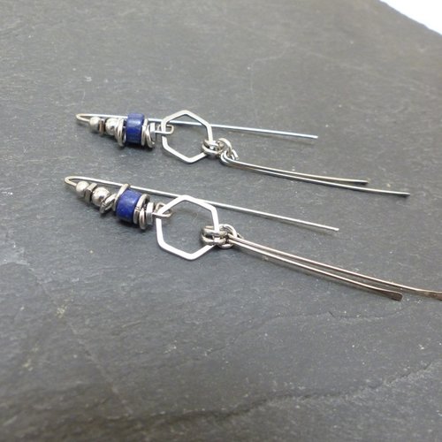 Boucles d'oreilles minimalistes grands crochets, lapis lazuli, pierre naturelles et acier inoxydable crochets longs ou classiques